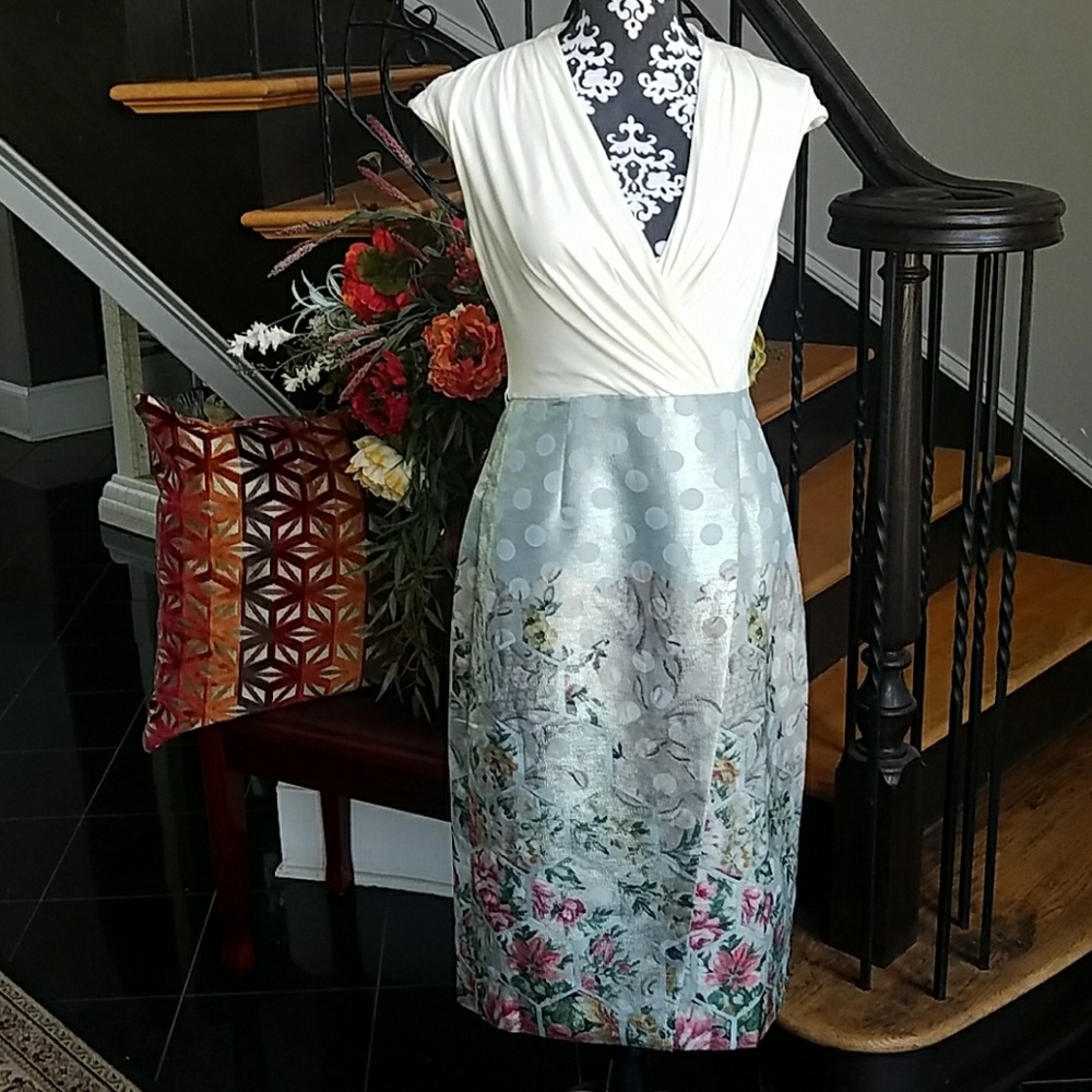 Ted Baker Ivory and Light Blue Floral Sheath Dress
